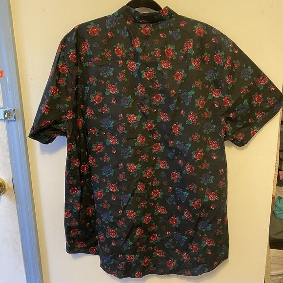 New Y2K Structure SlimFit Men XXL Cotton ButtonUp Shirt ShortSleeve Black Floral - Picture 8 of 8